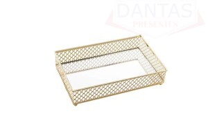 Bandeja Metal Com Espelho Barcelona Dourada 21x13x5cm - Lyor