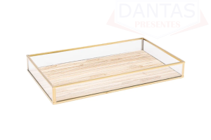 BANDEJA DE METAL DOURADA COM PALHA